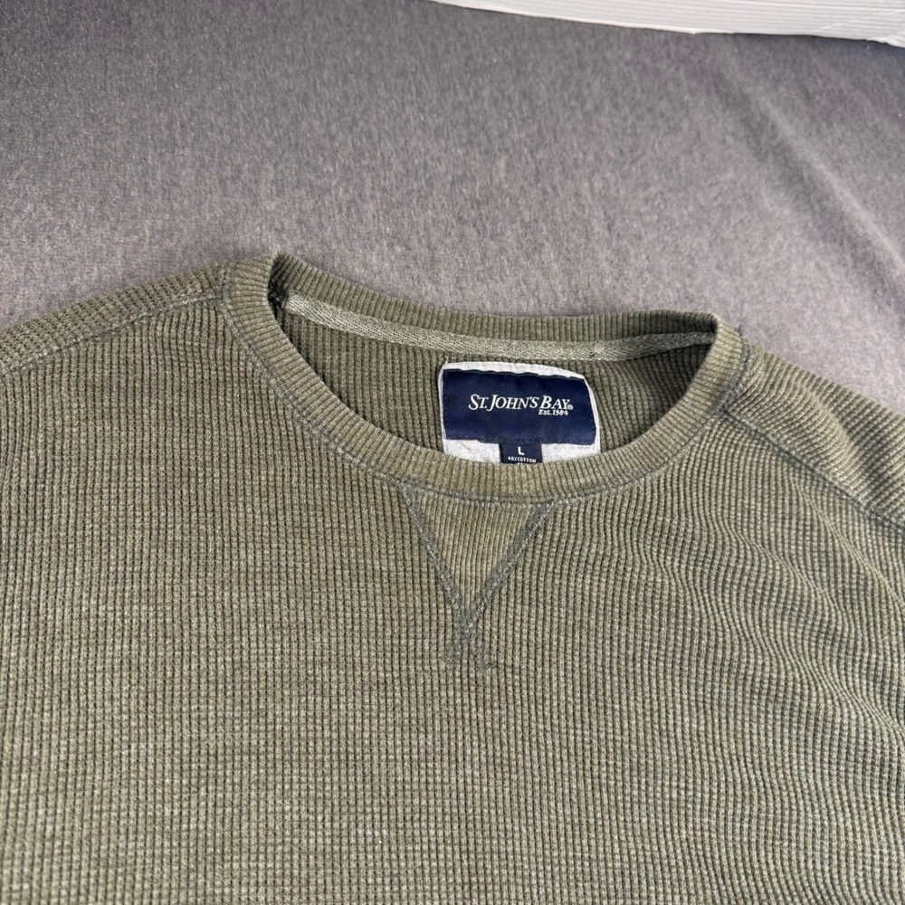 St. Johns Bay Mens Large Olive Green Waffle Knit Thermal Long Sleeve Shirt